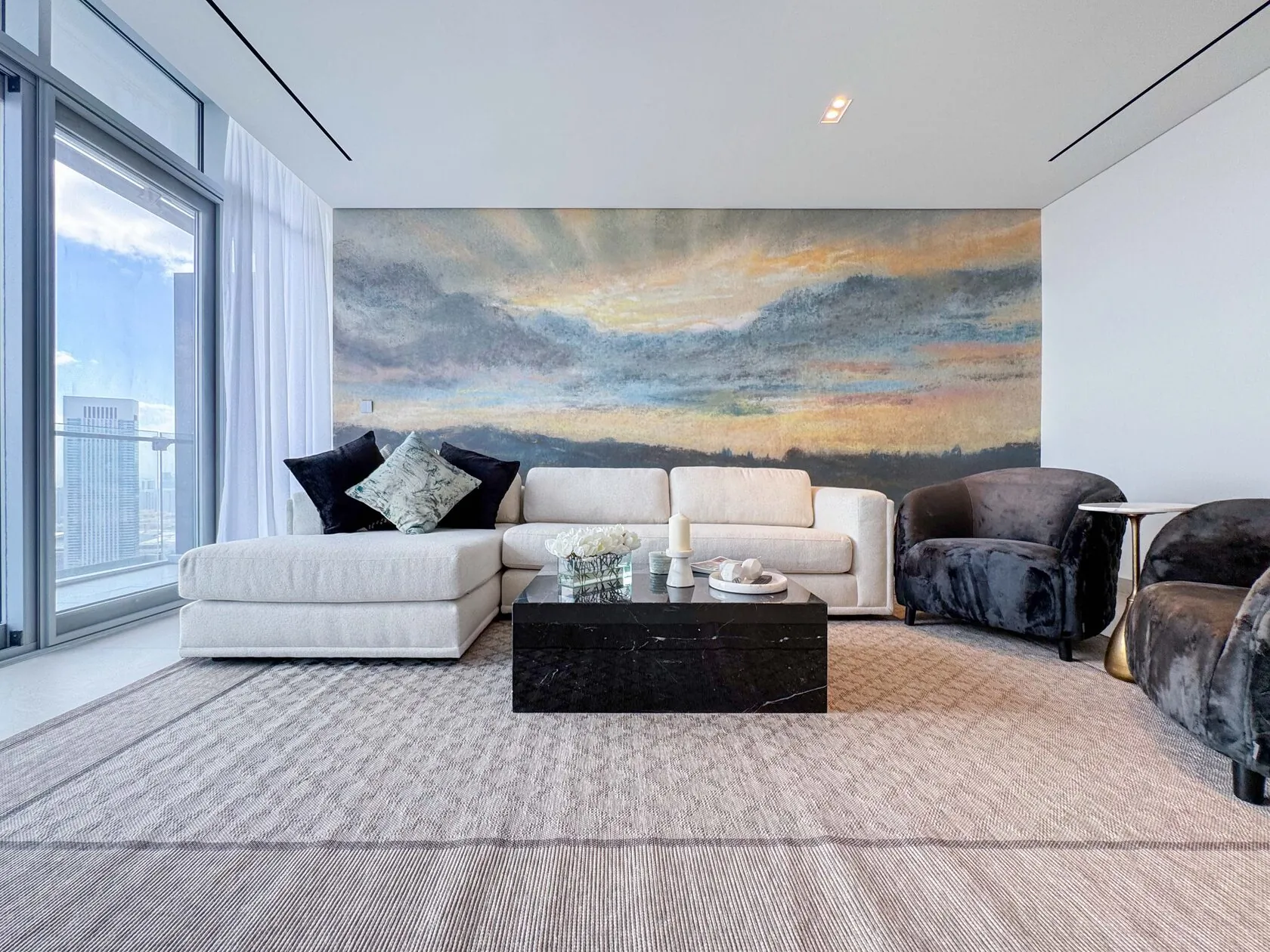 Transitional Minimalist 2-Bed Apartment – living room with landscape mural wall