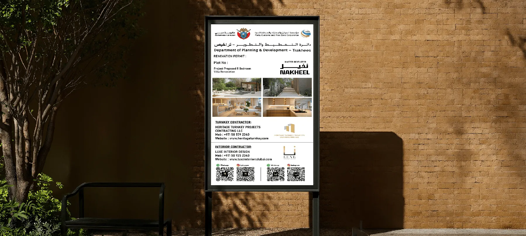 Building permit information board displayed at a construction site in Dubai